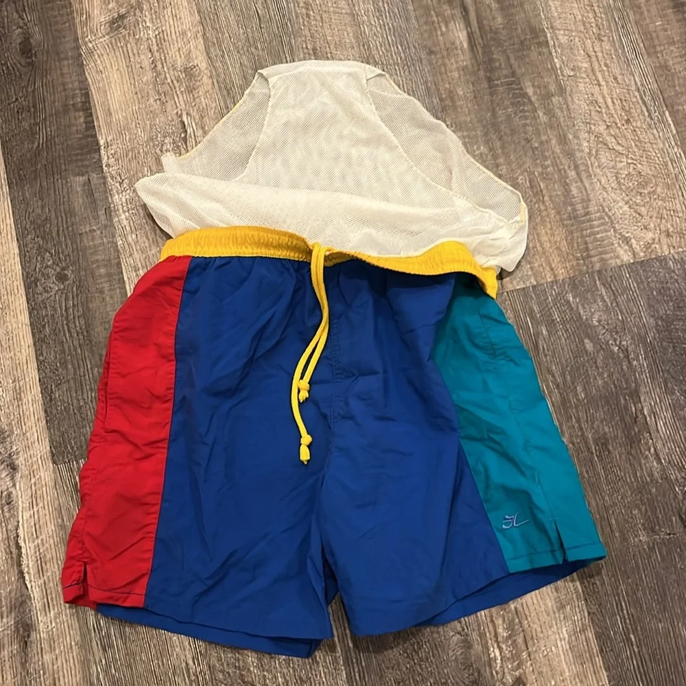 Vintage 1980s Hobie Colorblock Swim Trunks Shorts Men’s M Elastic Waist Nylon